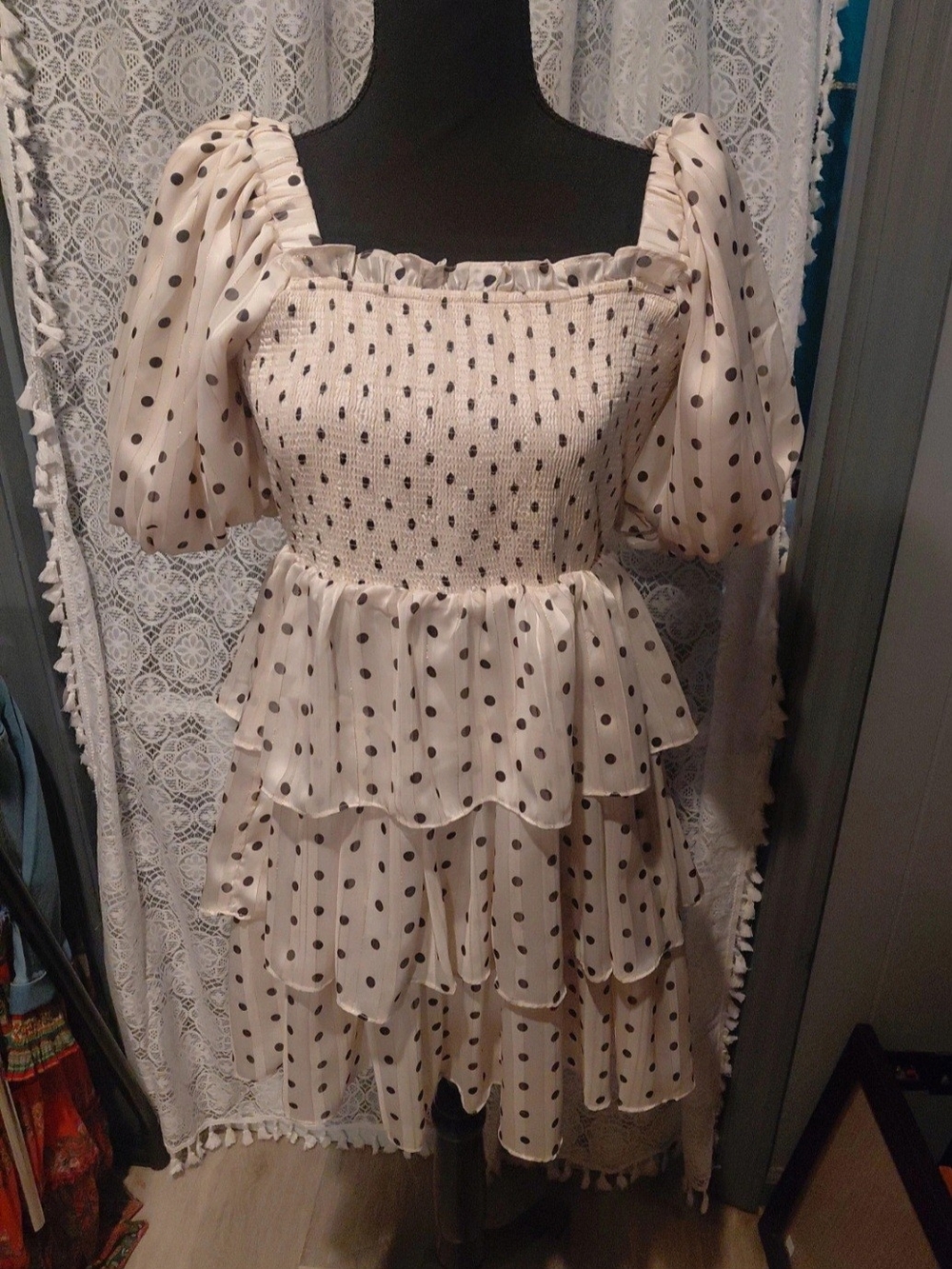NWT Anthropologie Ivory Dress with Black Polka Dots